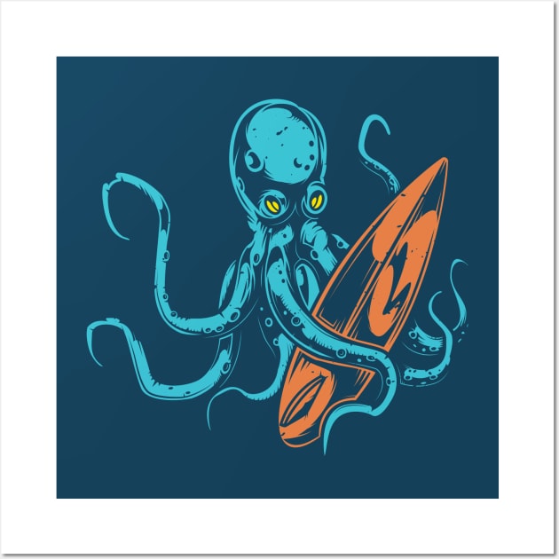 Retro Octopus Surfer Illustration Wall Art by SLAG_Creative